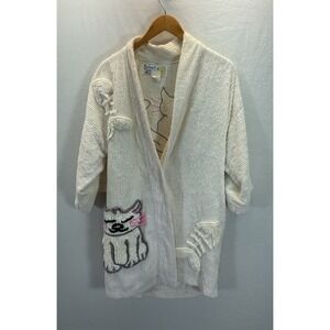 Canyon Group white Chenille Bath Robe Cats Fish Bones Short  VTG Size S/M